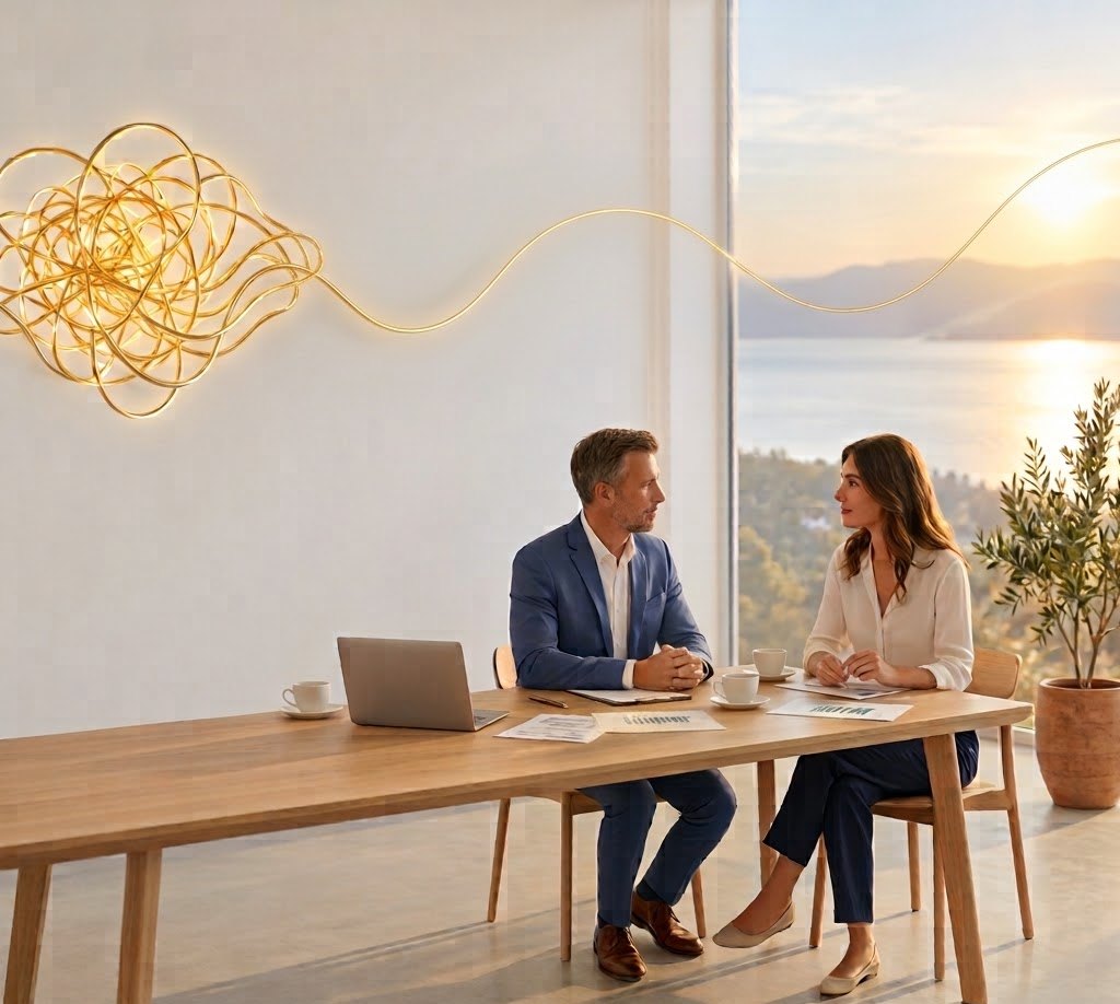 Two people talking at a table in a bright room, a golden tangle on the wall becoming a single thread toward a sunrise (illustrative)